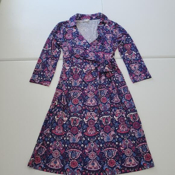 Talbots Dress Womens Medium Navy Pink Paisley Wrap Long Sleeve Collared A-Line - Picture 1 of 11